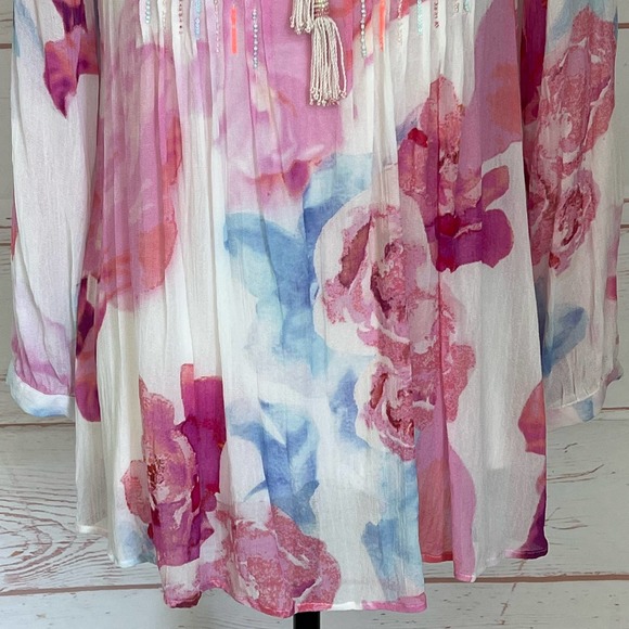 Soft Surroundings Women's Pink/Blue Floral Top Size Medium Tunic Tassel Ties - Picture 11 of 12